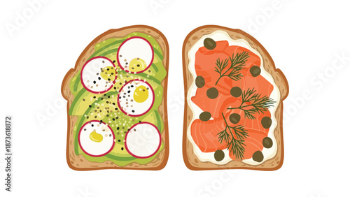 Vibrant illustration of healthy gourmet toasts: avocado, egg, radish and smoked salmon, capers.