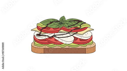Deliciously layered gourmet toast illustration featuring fresh tomatoes mozzarella avocado basil and rich balsamic glaze on artisanal bread ideal