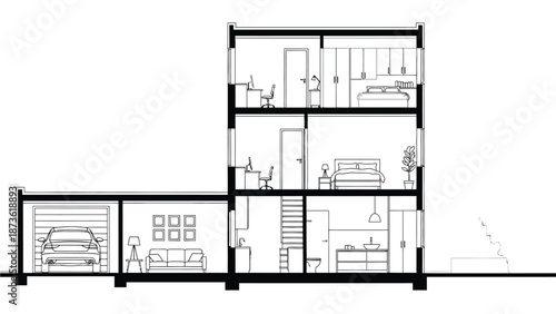 Architectural cross-section diagram illustrates the multi-story layout of a modern residential home including a garage and living spaces.