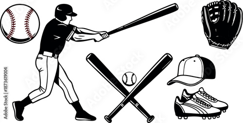 Baseball player swinging bat with ball glove cap cleats and bats vector illustration design