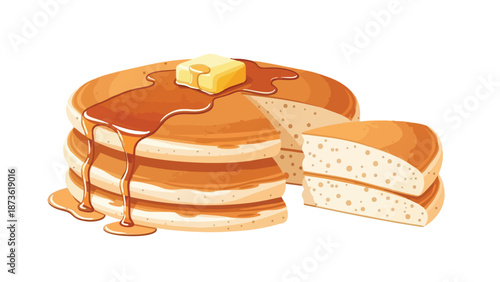 Illustrated stack of golden brown pancakes, generously drenched in thick maple syrup, adorned with a melting butter cube, a delightful breakfast