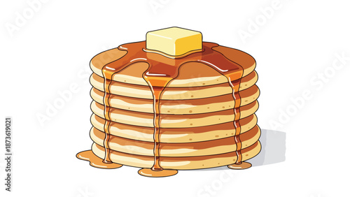 Fluffy golden pancakes stacked high, adorned with melting butter and sweet maple syrup. A delightful breakfast scene in clean, appealing cartoon