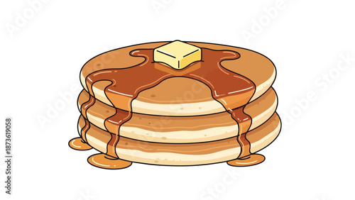 A delightful stack of fluffy golden pancakes generously adorned with rich amber maple syrup and a melting pat of creamy butter for a sweet morning