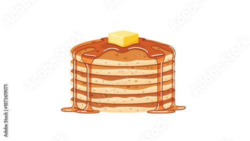 A delectable stack of golden pancakes with melting butter and flowing syrup