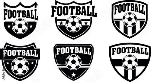 Football emblem vector set with six black and white soccer badge designs for sports team branding and athletic logos