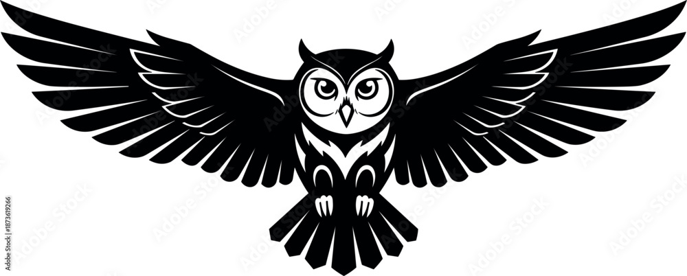 Obraz premium Majestic black owl silhouette with wide outstretched wings flying for wisdom knowledge education mystery nocturnal bird of prey and nature conservation vector.