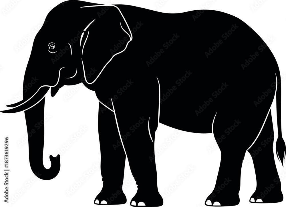 Obraz premium Black elephant silhouette with tusks and trunk standing isolated on white background for wildlife conservation nature safari zoo and African animal designs.