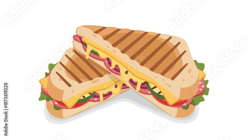 A vibrant vector illustration showcases two perfectly grilled panini sandwiches, bursting with gooey melted cheese, savory meats, and fresh
