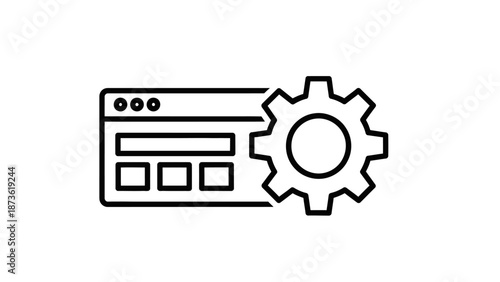 Outline icon combining browser window interface elements with large external gear symbol representing website customization or web tools