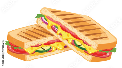 Delicious freshly grilled sandwiches with melted cheese and crisp vegetables prepared as a hearty meal. This vector illustration features vibrant