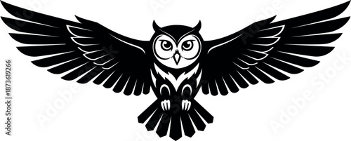 Majestic black owl silhouette with wide outstretched wings flying for wisdom knowledge education mystery nocturnal bird of prey and nature conservation vector.