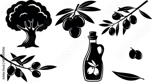 Olive tree branch with olives and olive oil bottle black silhouette vector design illustration