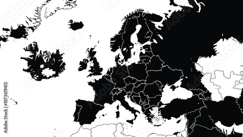 A stark black and white map highlights specific European countries in solid black while leaving others as white outlines for contrast and geographical representation.