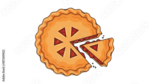 A delightful illustration of a freshly baked pie, showcasing its golden crust and vibrant red filling. A slice is carefully removed, symbolizing