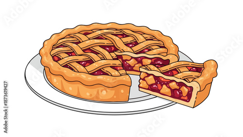 Artistic rendering of a delicious freshly baked fruit pie with a golden brown lattice top and a precisely cut portion on a clean white dish ready to