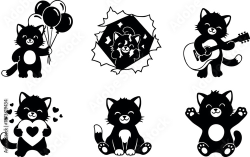 Cute black cat cartoon characters playing guitar holding balloons and expressing love and happiness in vector style