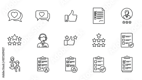 Various line icons illustrate customer feedback concepts including heart bubbles, thumbs up gestures, star ratings, surveys, and user support agents.