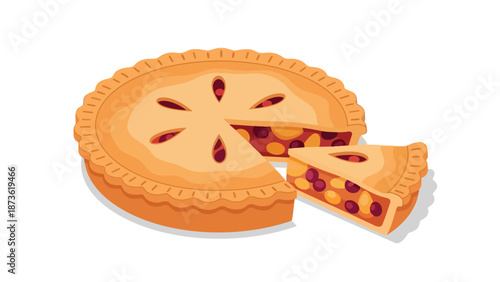 Delicious baked fruit pie illustration with a single serving slice removed for sharing. A warm golden crust dessert showcasing a vibrant berry and