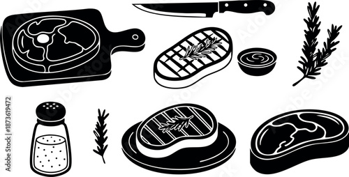Steak meat cuts with knife salt rosemary and sauce vector illustration in black and white style
