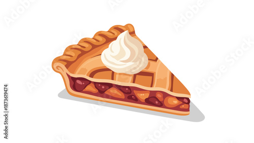 Deliciously tempting dessert slice featuring a golden-brown crust and rich fruit filling crowned with a dollop of fresh whipped cream a perfect