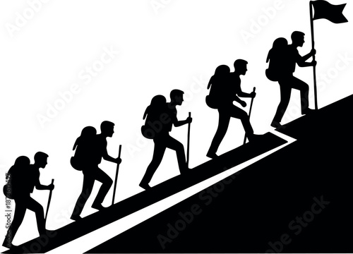 Group of hikers climbing steep hill silhouette with flag on top outdoor adventure activity
