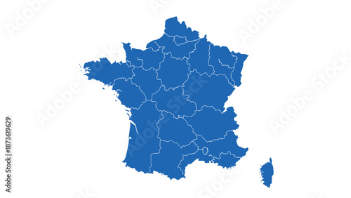 Solid blue silhouette map highlights the internal administrative regions of Metropolitan France against a white background for political representation.