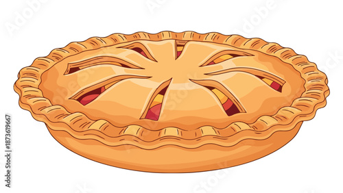 A delightful illustration of a freshly baked golden-crusted fruit pie with intricate top ventilation cuts revealing vibrant filling ready to be