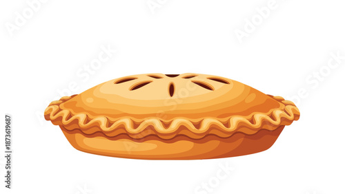 Golden brown baked dessert pie with a decorative crimped crust and star-shaped vents, on a pure white background.