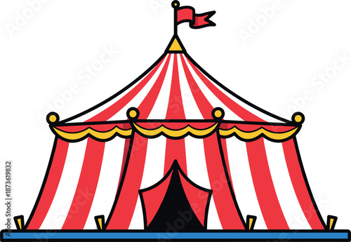 Classic red and white striped circus tent illustration with a red flag on top for carnival entertainment festivals funfair and childhood celebration.