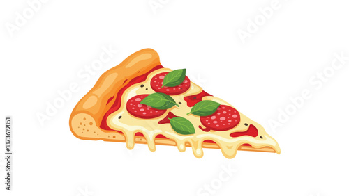 A delightful, richly illustrated pepperoni pizza slice, showcasing golden crust, melting cheese, and fresh green basil leaves, an appetizing fast