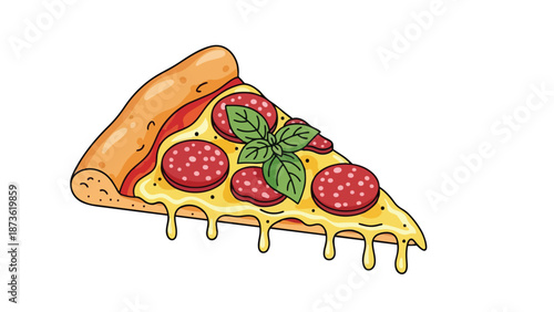 Vibrant cartoon pepperoni pizza slice with gooey melted cheese dripping, topped with aromatic fresh basil leaves, isolated on a clean white