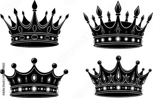 Set of four black crown silhouettes representing royalty luxury authority and leadership for king queen jewelry brands and premium award logo designs.