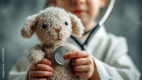 A young child dressed as a doctor cares for a teddy toy, showcasing imaginative play and nurturing behavior