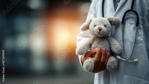 A young child dressed as a doctor cares for a teddy toy, showcasing imaginative play and nurturing behavior