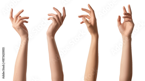 Four graceful female arms with varying skin tones are elegantly raised upward against a stark white background, suggesting reaching or aspiration.