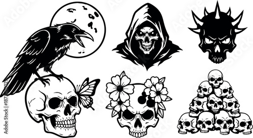 Gothic skull designs with raven butterfly flowers grim reaper and horned demon vector art collection