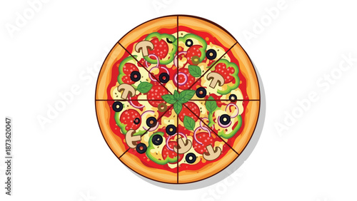 Deliciously illustrated vibrant pizza with assorted toppings, meticulously cut into eight portions, showcasing an appetizing blend of fresh