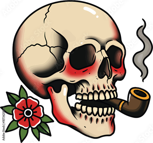 Skull with Pipe and Flower Illustration.