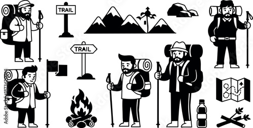Hiking backpacker silhouettes with mountain trail signs campfire map and gear vector icons pack