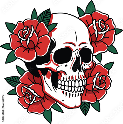 Skull with Red Roses and Leaves.