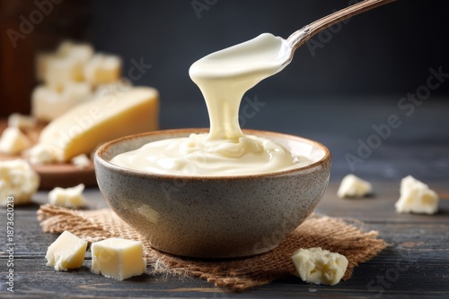 Creamy sauce in a bowl with spoon for culinary use, garnished with cheese cubes on a rustic wooden surface for gourmet food photography