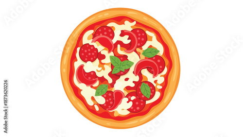Vibrant pepperoni pizza illustration featuring melted cheese, zesty sauce, and fresh basil leaves on a golden crust, ideal for menus and digital