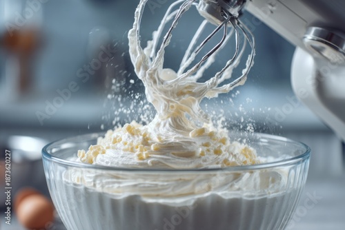 Whipping Cream with Electric Mixer in a Bright Kitchen, Culinary Preparation, Flourishing Motion of Cream Rising in Glass Bowl, Soft Focus Background
