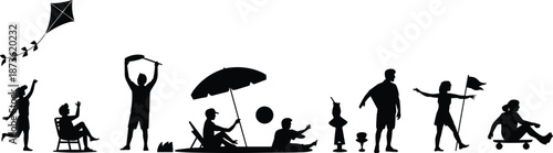 Black Silhouette Vector Illustration of People Enjoying Summer Beach Activities Including Flying Kites Playing Ball Sunbathing and Skateboard Riding on White