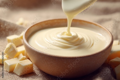Creamy texture of fresh white chocolate being poured into a rustic bowl surrounded by white chocolate chunks on a natural fabric surface