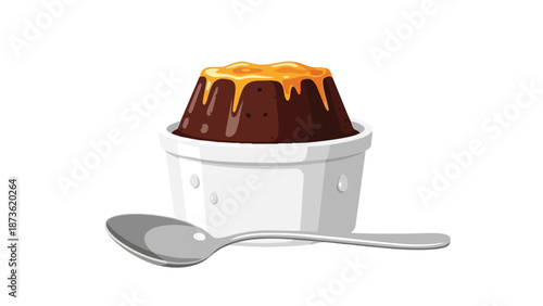 Rich chocolate dessert with golden caramel sauce in a ramekin with a spoon isolated