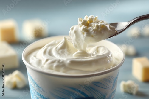 Creamy dairy product in cup with spoon, surrounded by cubes of cheese on light blue background, showcasing texture and freshness of food item