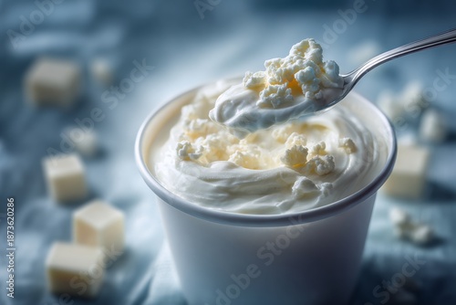 Creamy Dairy Snack with Spoon, Fresh Curd, and Soft Cheese in a White Cup on Light Blue Background, Ideal for Healthy Eating and Culinary Use