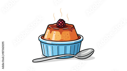 Warm custard dessert illustration with caramel and raspberry in a blue ramekin, perfectly complemented by a silver spoon, embodying sweet culinary