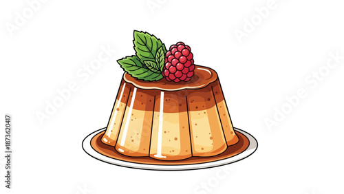 Delightful caramel custard dessert with fresh raspberry and mint garnish a vibrant culinary illustration